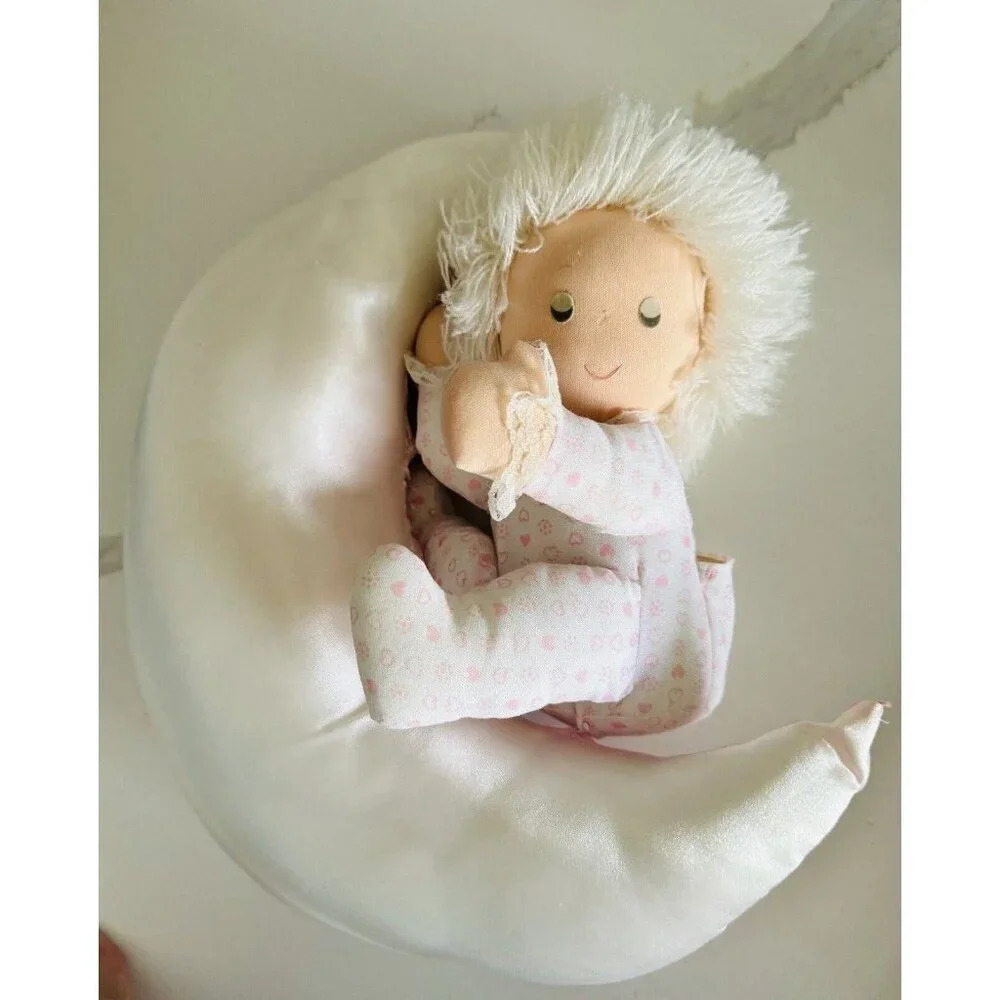 Vintage 80s RUSS BERRIE Girl Sleeping Pink Moon Plush Baby Child Toy Doll Decor